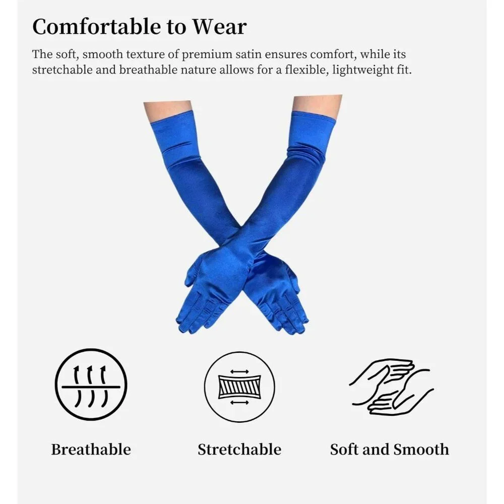 Women's Elbow Length Royal Blue Satin Gloves Costume Princess Party Accessories